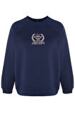 Kadın Büyük Beden Oversize Bisiklet Yaka Reglan Kol Kalın İçi Polarlı Nakış Detaylı Örme Sweatshirt