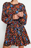 Kadın Moda Şık Mini Boy Bisiklet Yaka Regular Kuşaklı Çiçekli Dokuma Elbise