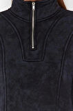 Kadın Crop Fermuarlı Yaka Düşük Kol Crop Eskitme Kalın İçi Polarlı Rahat Kesim Crop Örme Sweatshirt
