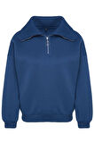Kadın Regular Fermuarlı Yaka Standart Kol Regular Fermuarlı Kalın İçi Polarlı Fit Örme Sweatshirt