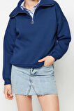 Kadın Regular Fermuarlı Yaka Standart Kol Regular Fermuarlı Kalın İçi Polarlı Fit Örme Sweatshirt