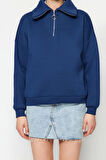 Kadın Regular Fermuarlı Yaka Standart Kol Regular Fermuarlı Kalın İçi Polarlı Fit Örme Sweatshirt