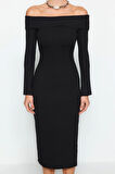 Yeni Slim Gündüz Gece Kaşkorse Örme Carmen Yaka Uzun Kol Bodycone Maxi Boy Elbise