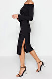 Yeni Slim Gündüz Gece Kaşkorse Örme Carmen Yaka Uzun Kol Bodycone Maxi Boy Elbise