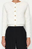 Kadın Moda Şık Crop Düğmeli Yaka Uzun Kol Düz Gold Düğmeli Peluş Crop Örme Hırka