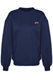 Kadın Moda Şık Oversize Bisiklet Yaka Düşük Kol Regular Baskılı Örme Sweatshirt