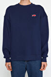 Kadın Moda Şık Oversize Bisiklet Yaka Düşük Kol Regular Baskılı Örme Sweatshirt