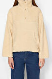 Kadın Moda Şık Bol Dik Yaka Düşük Kol Uzun Peluş Çıtçıt Detaylı Kanguru Cepli Örme Sweatshirt