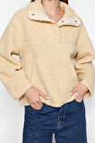 Kadın Moda Şık Bol Dik Yaka Düşük Kol Uzun Peluş Çıtçıt Detaylı Kanguru Cepli Örme Sweatshirt