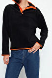 Kadın Moda Şık Regular Dik Yaka Düşük Kol Regular Çıtçıtlı Normal Kalıp Cepli Polar Örme Sweatshirt