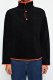 Kadın Moda Şık Regular Dik Yaka Düşük Kol Regular Çıtçıtlı Normal Kalıp Cepli Polar Örme Sweatshirt
