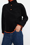 Kadın Moda Şık Regular Dik Yaka Düşük Kol Regular Çıtçıtlı Normal Kalıp Cepli Polar Örme Sweatshirt