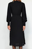 Kadın Moda Şık Midi Boy Degaje Yaka Regular Düz Dokuma Elbise