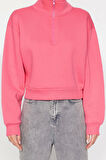 Kadın Fitted Fermuarlı Yaka Düşük Kol Crop Rahat Kesim Crop Fermuarlı Kalın Polarlı Örme Sweatshirt