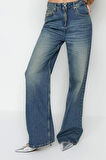 Kadın Moda Şık Kot Pantolon Geniş Paça Uzun Boy Denim Yüksek Bel Jeans