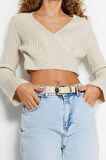 Kadın Moda Şık Kruvaze Standart Kol Crop Yumuşak Dokulu Triko Kazak