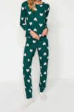 Kadın Moda Şık Bisiklet Yaka Boru Paça Uzun Kol %100 Pamuklu Kalpli Örme Pijama Takımı