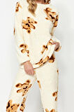 Kadın Moda Şık Bisiklet Yaka Boru Paça Uzun Kol Ayıcıklı Wellsoft Kışlık Örme Pijama Takımı