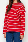 Kadın Moda Şık Oversize Bisiklet Yaka Düşük Kol Uzun Çizgili Geniş Kesim İnce Örme Sweatshirt