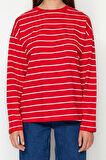 Kadın Moda Şık Oversize Bisiklet Yaka Düşük Kol Uzun Çizgili Geniş Kesim İnce Örme Sweatshirt