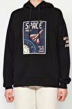 Kadın Moda Bol Kapüşonlu Düşük Kol Uzun Kalın İçi Polarlı Uzay Baskılı Geniş Kesim Örme Sweatshirt