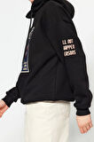 Kadın Moda Bol Kapüşonlu Düşük Kol Uzun Kalın İçi Polarlı Uzay Baskılı Geniş Kesim Örme Sweatshirt