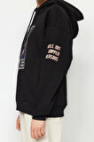 Kadın Moda Bol Kapüşonlu Düşük Kol Uzun Kalın İçi Polarlı Uzay Baskılı Geniş Kesim Örme Sweatshirt