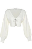 Kadın Moda Şık Crop V Yaka Uzun Kol Düz Süper Crop Basic Fiyonklu Triko Hırka