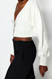 Kadın Moda Şık Crop V Yaka Uzun Kol Düz Süper Crop Basic Fiyonklu Triko Hırka