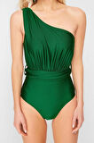 Kadın Destekli Askılı Brazilian Yaka Yeşil Tek Omuz Drapeli Regular Mayo