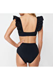 Yeni Düz Bralette Yüksek Bel Slip Siyah Bralet Fırfırlı Dokulu Yüksek Bel Hipster Bikini Takımı