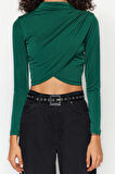 Kadın Moda Şık Üst Giyim Super Crop Dik Yaka Slim Kalıp Örme Drapeli Crop Bluz
