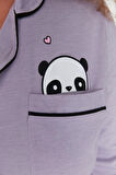 Büyük Beden Kadın Pamuk Polyester Gömlek Yaka Uzun Kol Gömlek Yaka Panda Baskılı Örme Pijama Takımı
