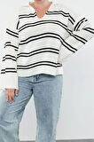 Kadın Büyük Beden Moda Şık Regular Polo Yaka Uzun Kol Çizgili Triko Kazak