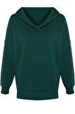 Kadın Büyük Beden Moda Şık Oversize Kapüşonlu Düşük Kol Regular Kalın İçi Polarlı Örme Sweatshirt