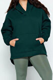 Kadın Büyük Beden Moda Şık Oversize Kapüşonlu Düşük Kol Regular Kalın İçi Polarlı Örme Sweatshirt