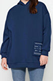 Kadın Büyük Beden Relaxed Kapüşonlu Düşük Kol Regular Slogan Detaylı İçi Polar Kalın Örme Sweatshirt