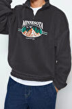 Unisex Moda Şık Oversize Dik Yaka Standart Kol Standart Geniş Kesim Fermuarlı Polar Sweatshirt