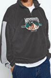 Unisex Moda Şık Oversize Dik Yaka Standart Kol Standart Geniş Kesim Fermuarlı Polar Sweatshirt