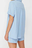 Kadın Moda Şık Regular Kısa Boy Uzun Kollu Dokuma Keten Karışımlı Gömlek Şort Takım