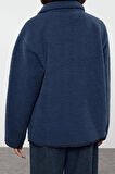 Kadın Moda Şık Oversize Dik Yaka Standart Kol Uzun Kalın Polar Fermuarlı Cepli Örme Sweatshirt