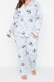 Büyük Beden Kadın Polyester Gömlek Yaka Uzun Kol Gömlek Yaka Panda Desenli Örme Pijama Takımı