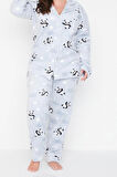 Büyük Beden Kadın Polyester Gömlek Yaka Uzun Kol Gömlek Yaka Panda Desenli Örme Pijama Takımı