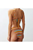 Yeni Geometrik Straplez Normal Bel Brief Straplez Aksesuarlı Dokulu Regular Bikini Takımı