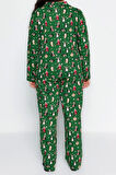 Büyük Beden Kadın Pamuk Polyester Gömlek Yaka Uzun Kol Gömlek Yaka Yılbaşı Temalı Örme Pijama Takımı
