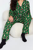Büyük Beden Kadın Pamuk Polyester Gömlek Yaka Uzun Kol Gömlek Yaka Yılbaşı Temalı Örme Pijama Takımı