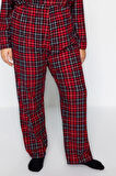 Büyük Beden Kadın Polyester Gömlek Yaka Uzun Kol Ekoseli Gömlek Yaka Yumuşak Tuşe Örme Pijama Takımı