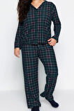 Büyük Beden Kadın Polyester Gömlek Yaka Uzun Kol Ekoseli Gömlek Yaka Yumuşak Tuşe Örme Pijama Takımı