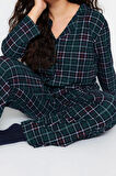 Büyük Beden Kadın Polyester Gömlek Yaka Uzun Kol Ekoseli Gömlek Yaka Yumuşak Tuşe Örme Pijama Takımı