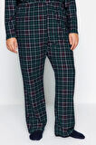 Büyük Beden Kadın Polyester Gömlek Yaka Uzun Kol Ekoseli Gömlek Yaka Yumuşak Tuşe Örme Pijama Takımı